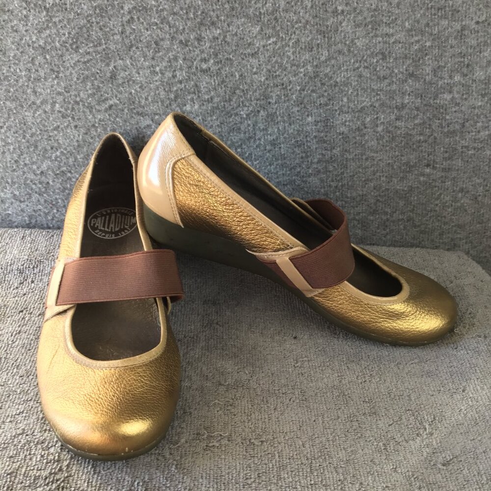 Palladium Leather Slip-on Mary Jane Gold Wedge Sz 7